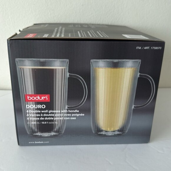 Bodum Douro 4 double wall Mags Glasses W Handles Hot or Cold New 13.5 oz - Picture 1 of 12